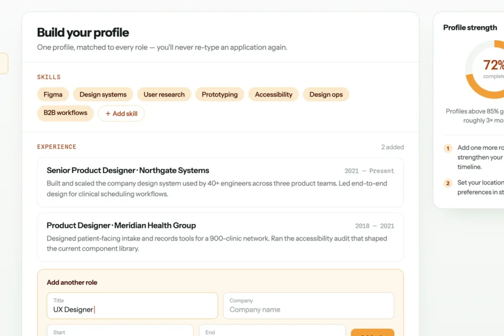 Build your profile screen with skills, experience and a profile strength meter