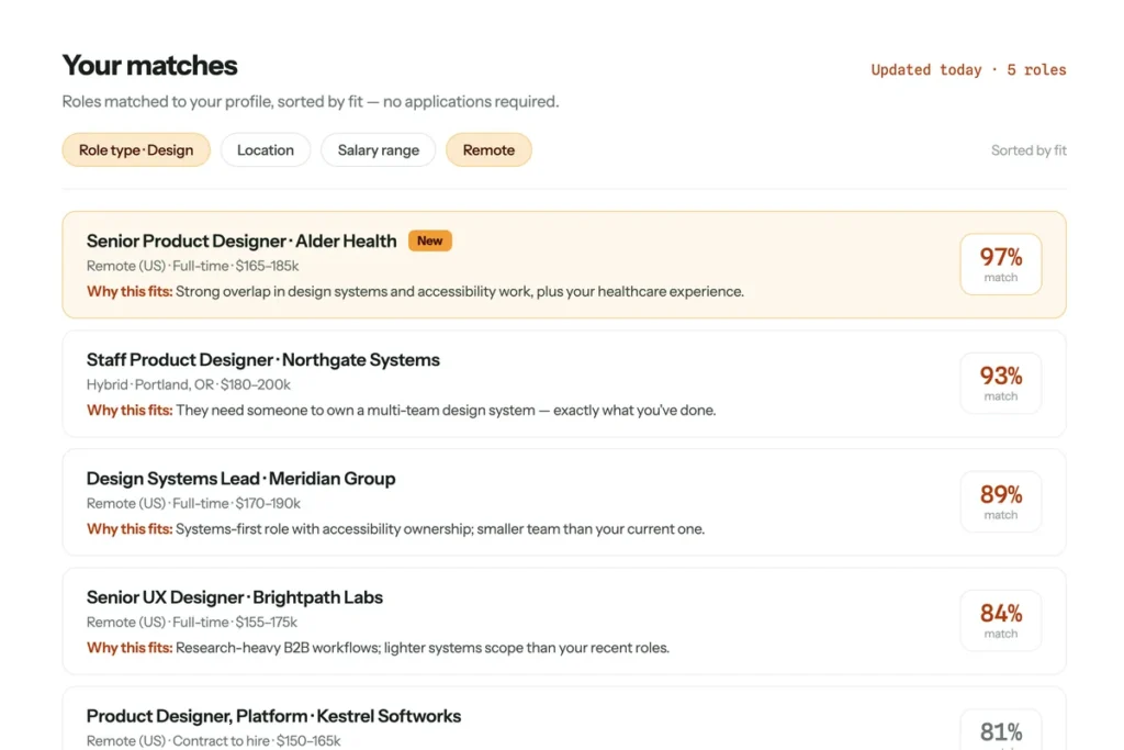 Your matches screen listing roles sorted by fit, each with a match percentage and a “why this fits” note