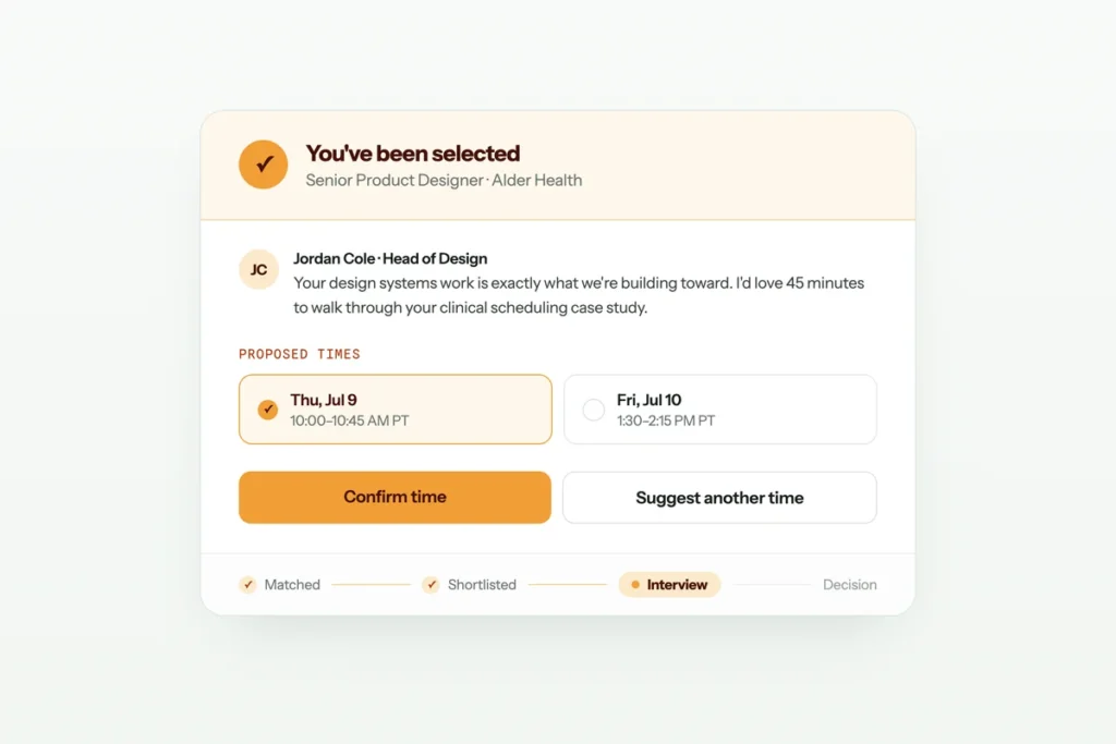 Notification that you have been selected for a Senior Product Designer role, with proposed interview times